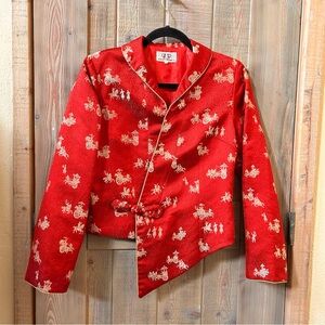 Red Chinese Brocade Wrap Jacket Gold Motif Asymmetric Hem L (Fits US S–M)